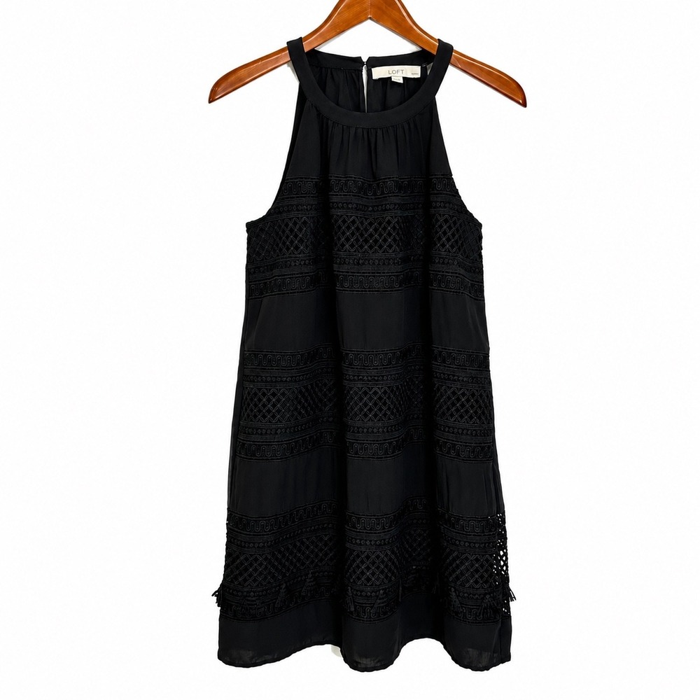 LOFT Black Lace Tassel Halter Mini Dress Petites SP Sleeveless Shift 468825